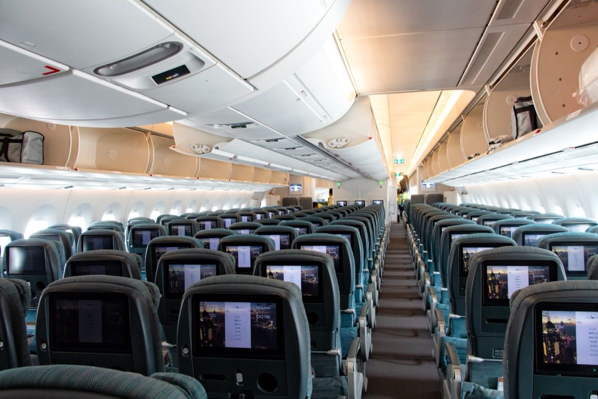 interior of a cathay pacific flight