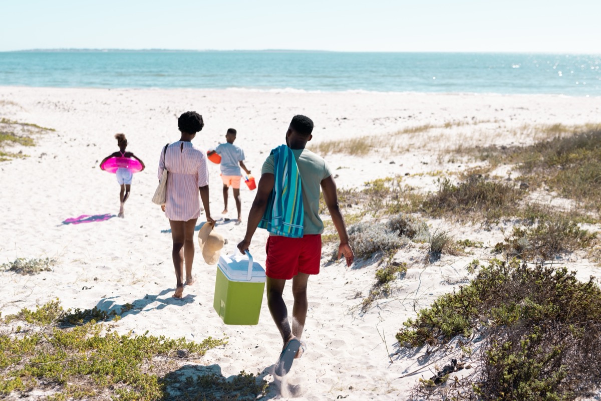 family walking on to the beach