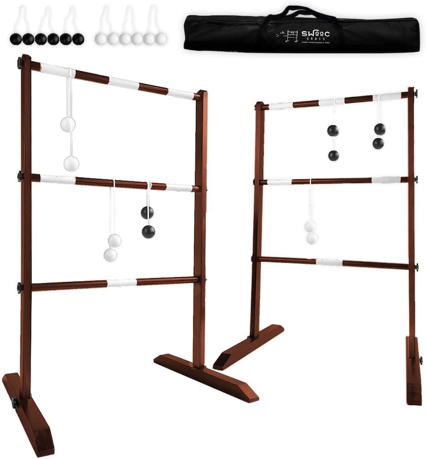 A wooden ladder ball game set