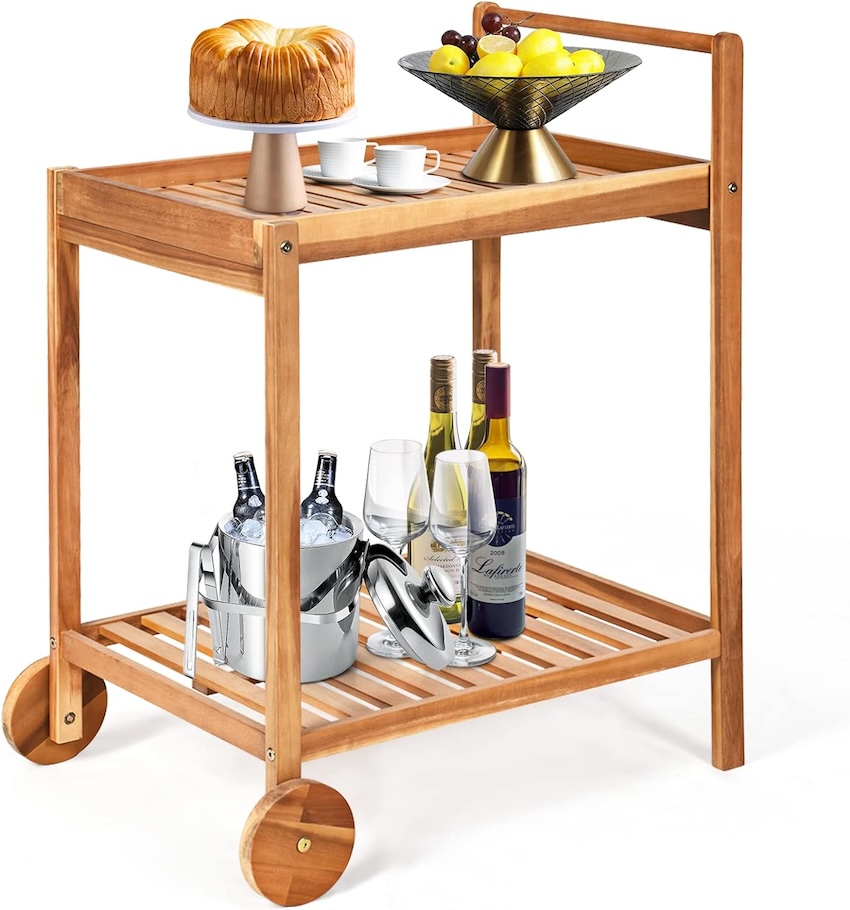 An acacia wood bar cart