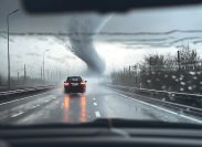 tornado crossing a highway as seen from a car