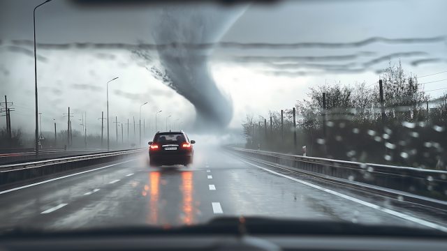 tornado crossing a highway as seen from a car