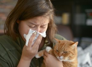 woman sneezing while holding orange cat