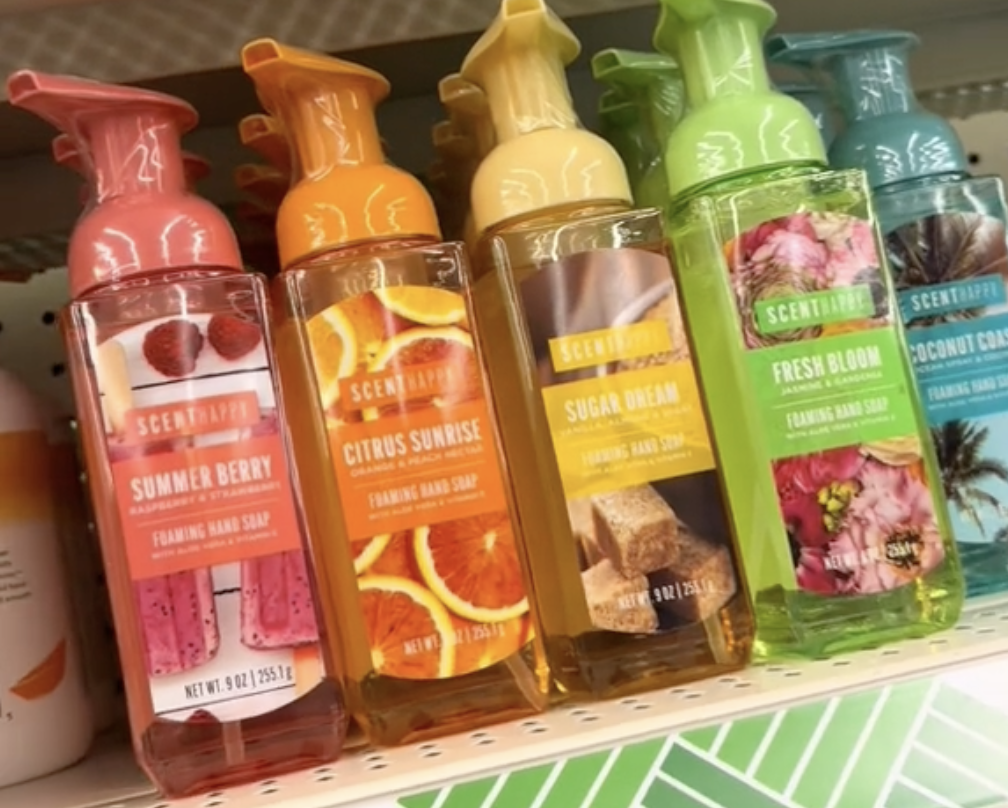 Display of colorful hand soaps at Dollar Tree