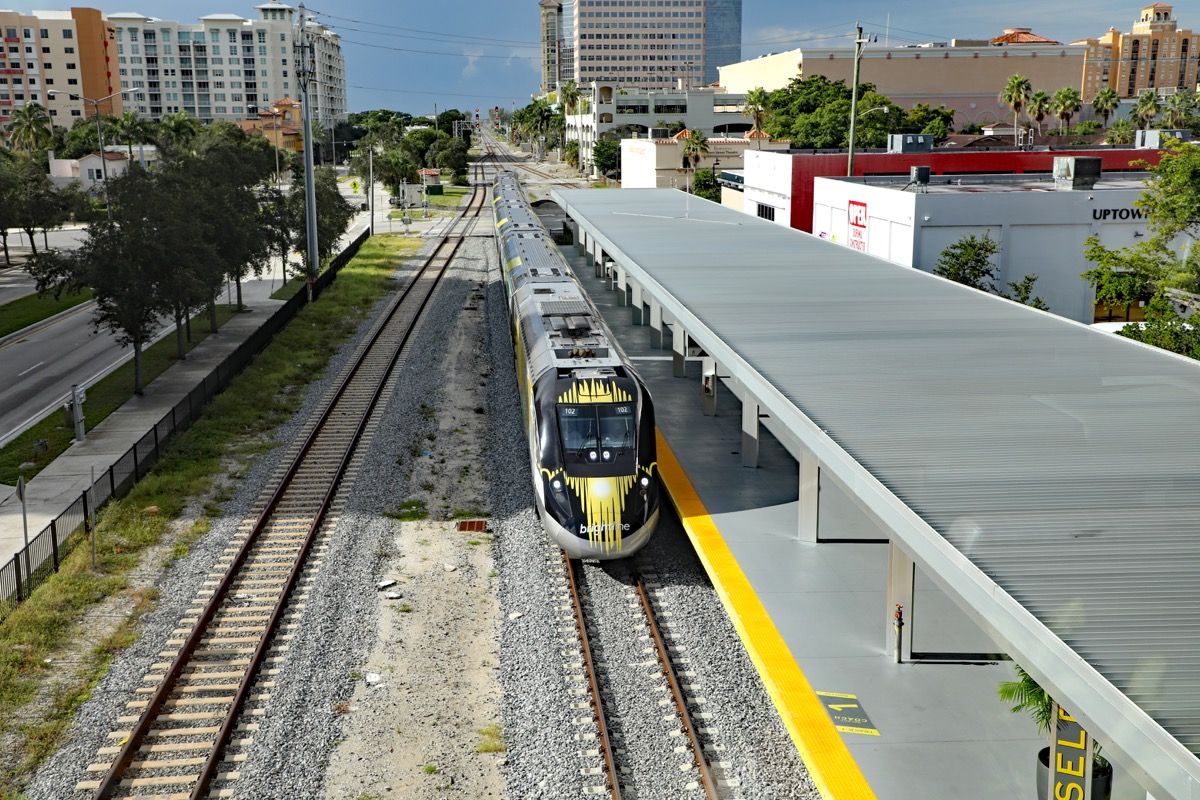  The Brightline high speed train arriving at the West Palm Beach, Florida station, on time.