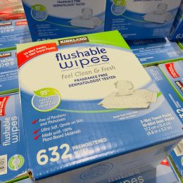 Boxes of flushable wipes by Kirkland Signature at Costco.