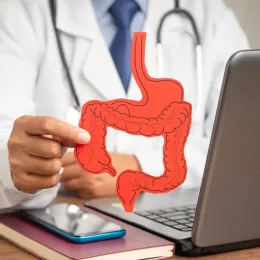 doctor sitting at desk holding out a red cutout of a large intestine
