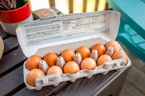 Closeup of Born Free brand pasture raised farm fresh eggs nutrition label for dozen brown eggs bought in North Carolina