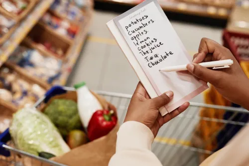 Close up of unrecognizable woman holding shopping list while buying food in supermarket, copy space