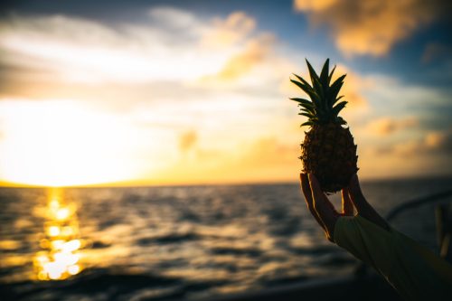 person holding pinapple over water