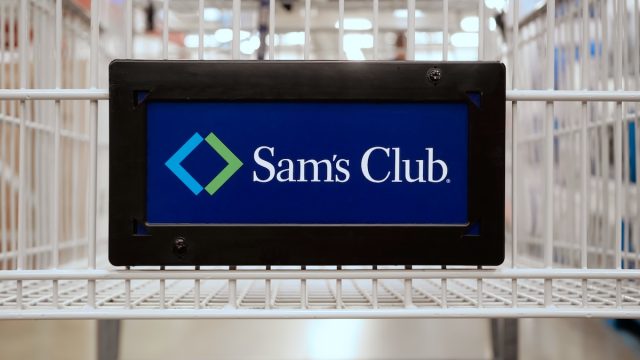 closeup of the Sam's Club logo on a shopping cart