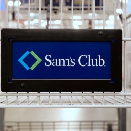 closeup of the Sam's Club logo on a shopping cart