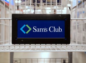 closeup of the Sam's Club logo on a shopping cart