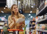 Young minded customer woman wears casual clothes writing down in notebook list shopping at supermaket store grocery shop buy with trolley cart choose products in hypermarket Purchasing food concept