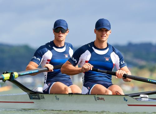 Justin Best and (stroke) Michael Grady both from the United States of America compete in Mens Pair qualifications during 2022 World Rowing Championships on September 18, 2022 in Racice, Czech Republic.