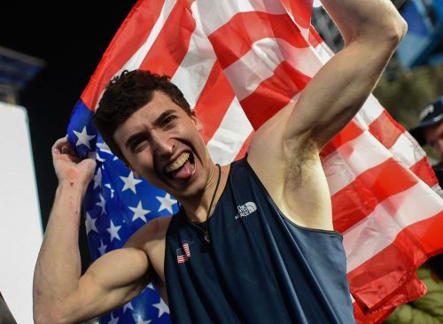 US' Jesse Grupper celebrates after competing in the lead stage during the sport climbing men's boulder & lead final of the Pan American Games Santiago 2023, at the Cerrillos Park Climbing Walls in Santiago on October 23, 2023. 