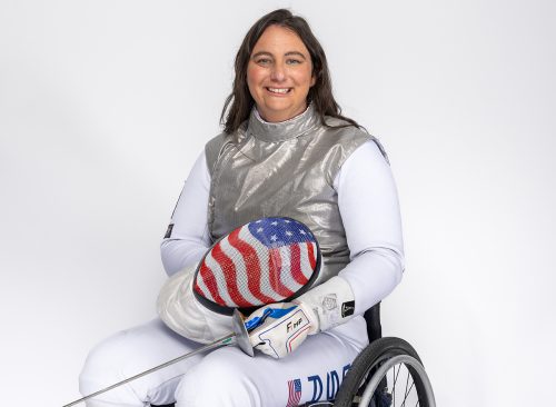 Wheelchair fencing athlete Ellen Geddes poses for a portrait during the 2024 Team USA Media Summit at Marriott Marquis Hotel on April 17, 2024 in New York City.