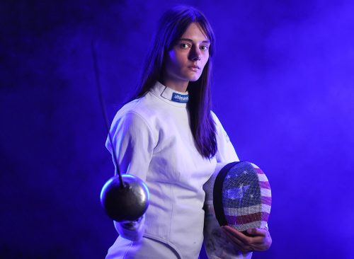 Anne Cebula poses for a portrait during team USA Fencing media day at New York Athletic Club on May 21, 2024 in New York City.