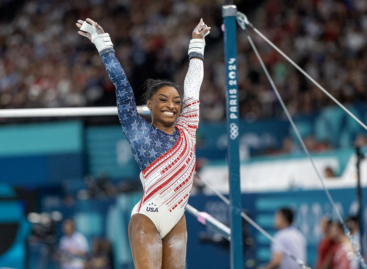 Simone Biles of the United States reacts after performing her uneven bars routine during the Artistic Gymnastics Team Final for Women at the Bercy Arena during the Paris 2024 Summer Olympic Games on July 30th, 2024 in Paris, France.