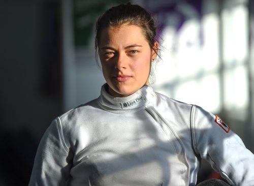 Katharine (Kat) Holmes, the top ranked fencer in the United States, works out as she prepares to compete for a spot on the 2016 Olympic fencing team at the DC Fencers Club on November 27, 2015 in Silver Spring, MD.