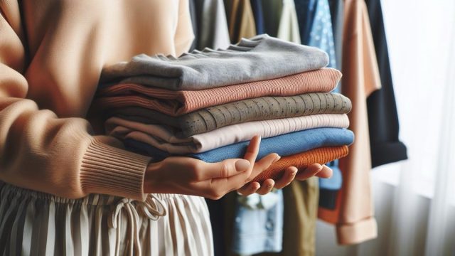 woman holding uniqlo clothes on hand closeup