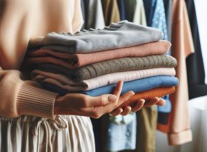 woman holding uniqlo clothes on hand closeup