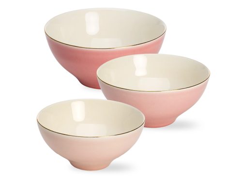 Paris Hilton 3-Piece Ceramic Bowl Set, Nesting Mixing Bowls, Dishwasher Safe, Pink and Gold