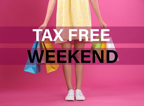 Woman with shopping bags and text TAX FREE WEEKEND on pink background, closeup