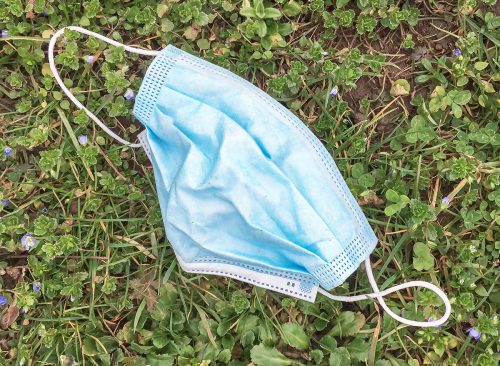 Used surgical face mask. Surgical face mask abandoned on the ground into grass. Coronavirus covid-19 pandemic.