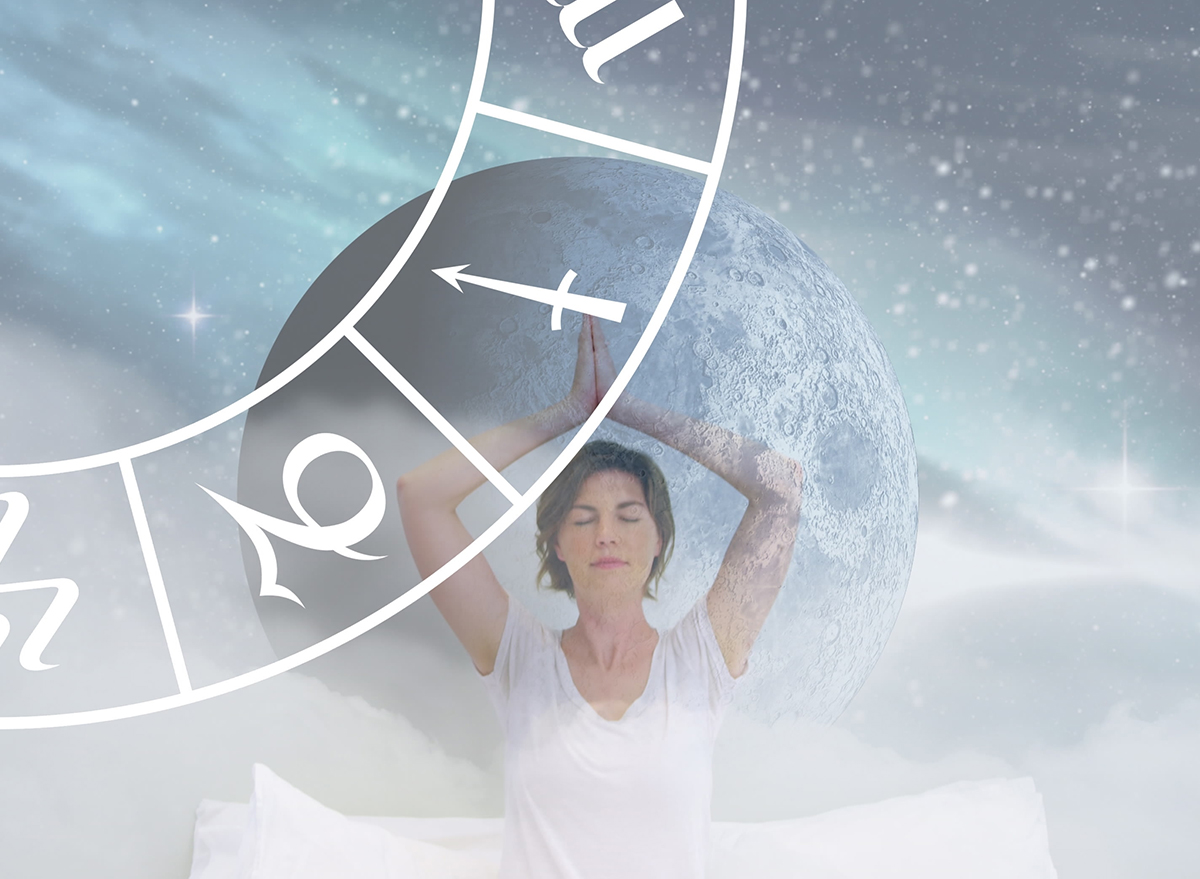 Circle of zodiac signs over caucasian women practicing yoga. Horoscope, yoga meditation concept digitally generated image.