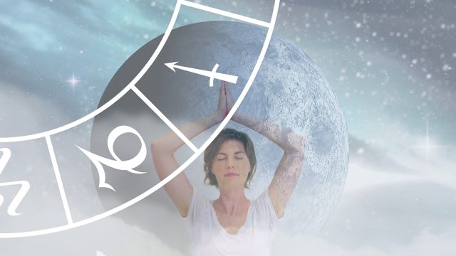 Circle of zodiac signs over caucasian women practicing yoga. Horoscope, yoga meditation concept digitally generated image.