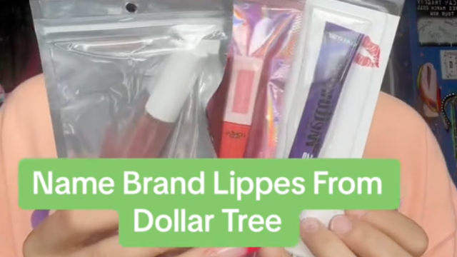 Shopper holding up lipsticks from Dollar Tree