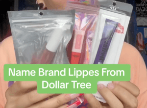 Shopper holding up lipsticks from Dollar Tree