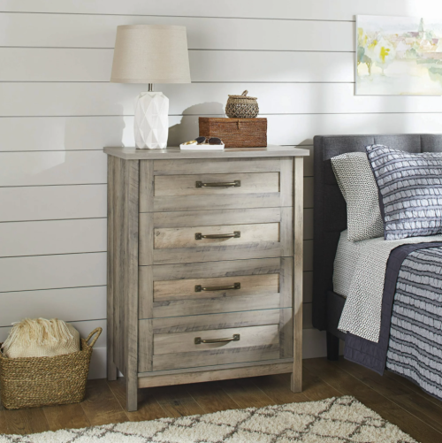 Walmart farmhouse style dresser in a bedroom