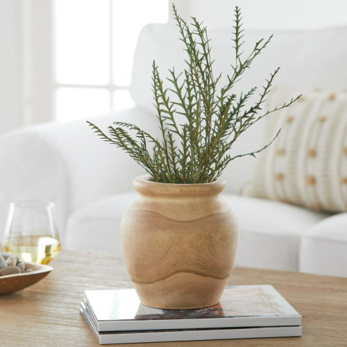 Walmart natural wood vase on a living room coffee table