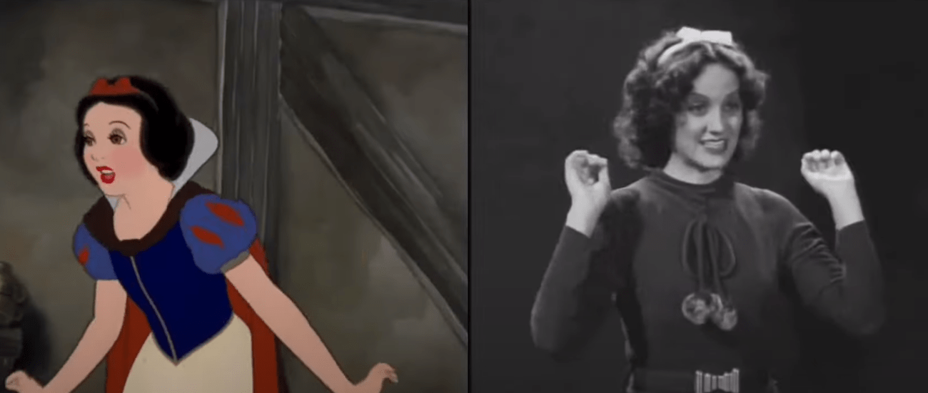 Snow White animated character and Adriana Caselotti circa 1935