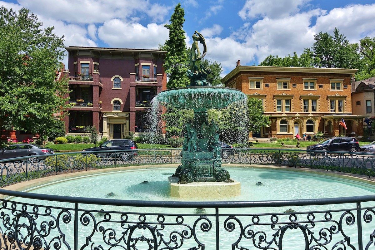 View of the fountain in St James Court in Historic Old Louisville