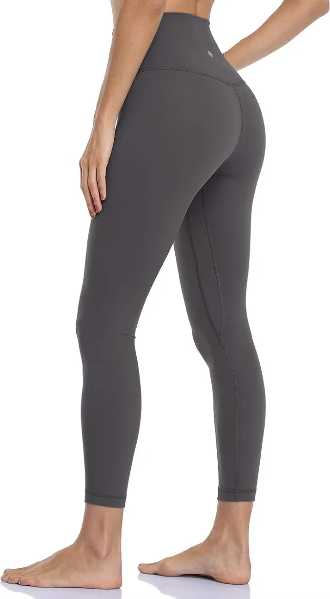 closeup of woman wearing gray leggings