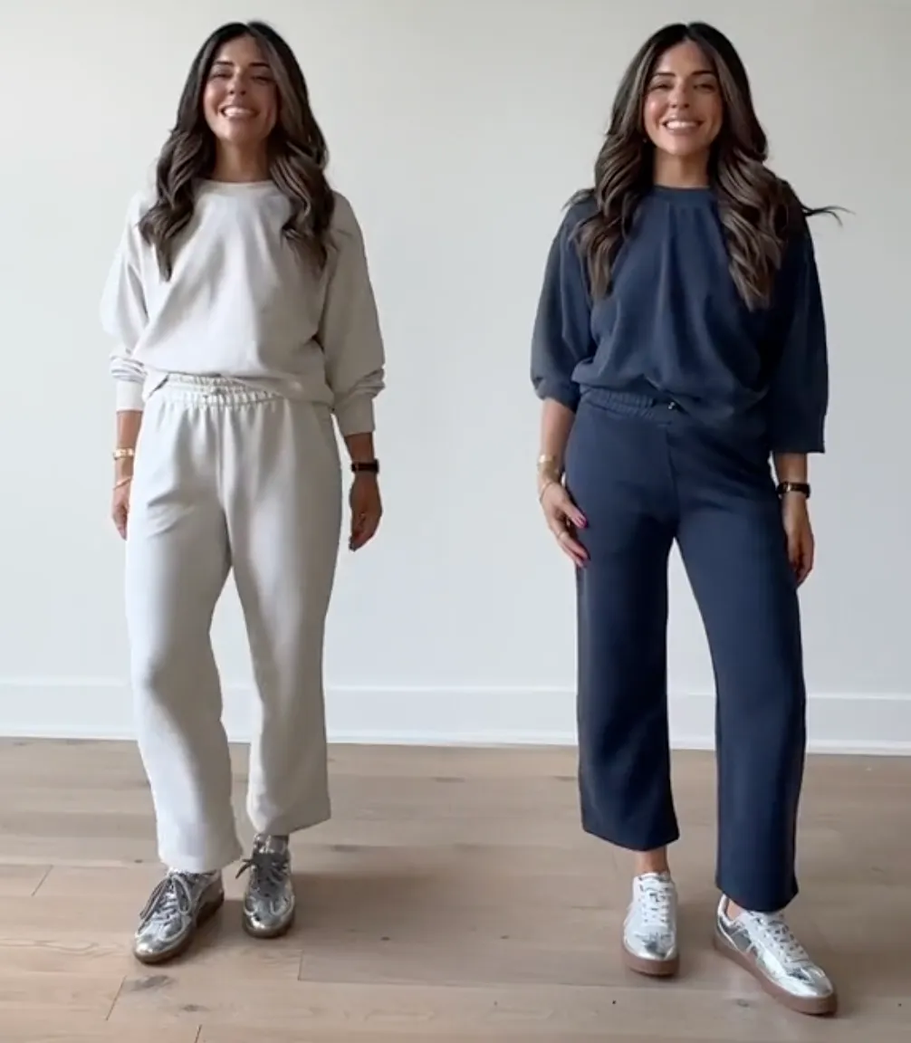 side-by-side image of a woman wearing a sweat set in white and blue