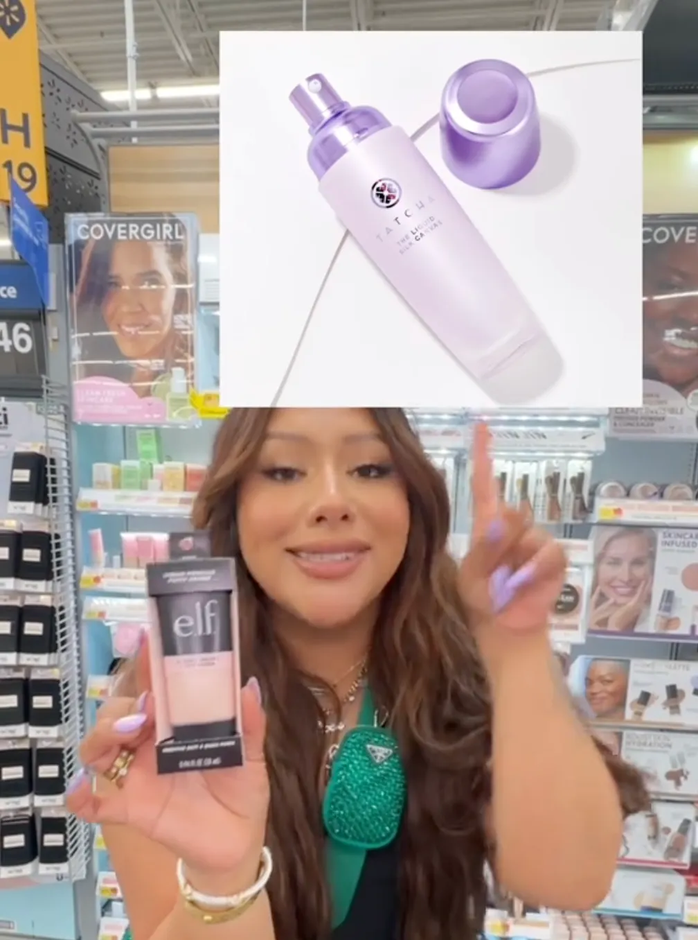 Woman holding up e.l.f. makeup in Walmart