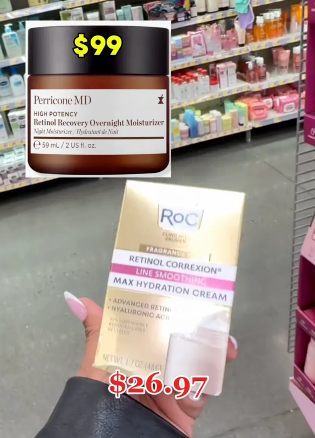 woman holding up RoC face cream at Walmart