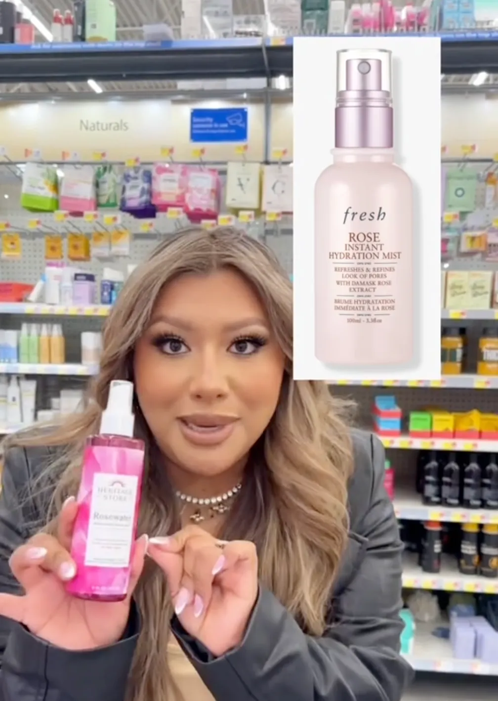 Woman holding up rose water in Walmart