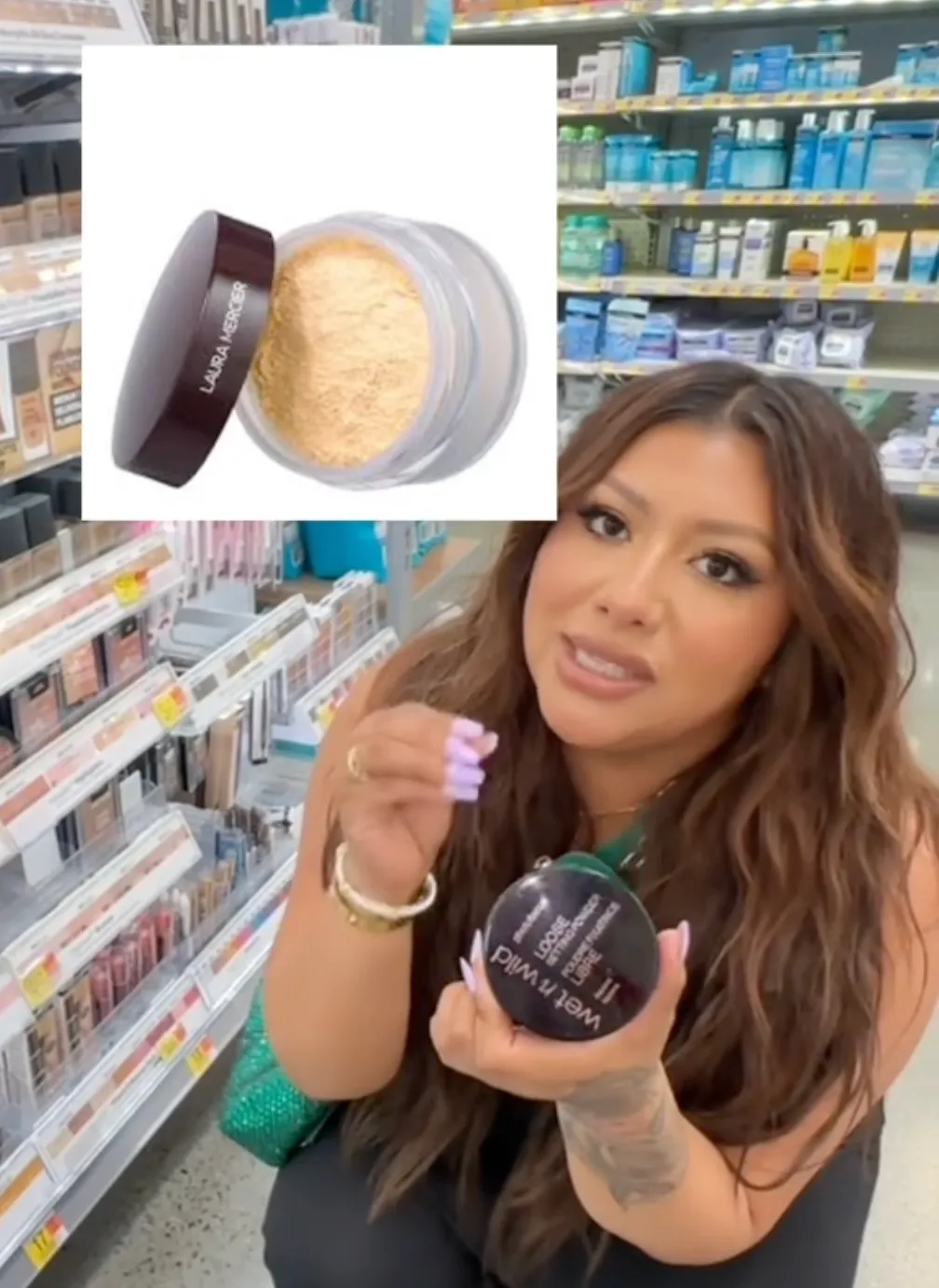 Woman holding up a powder makeup in Walmart