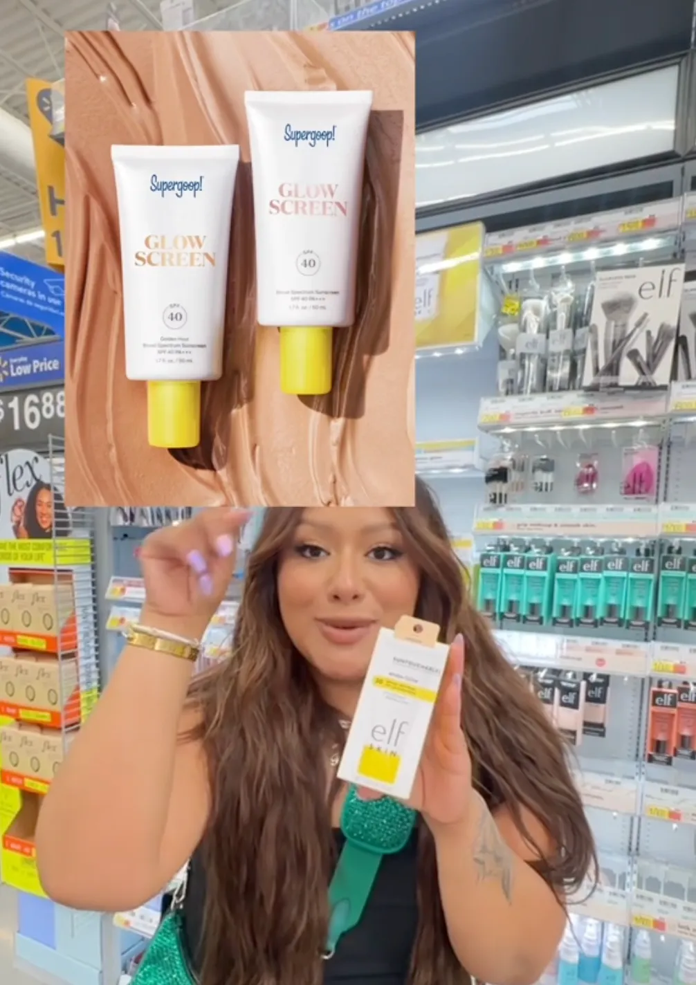Woman holding up e.l.f. makeup in Walmart