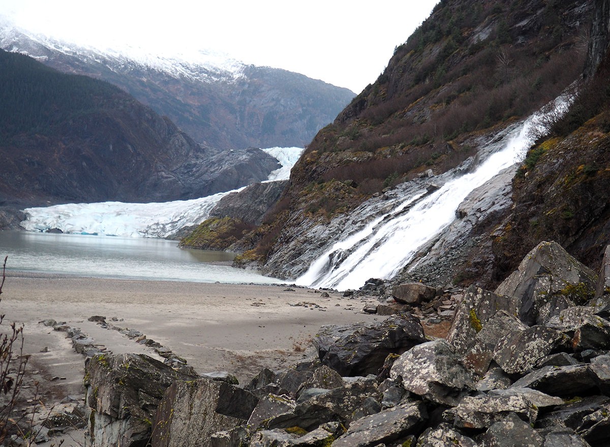 Mendenhall Glacier  and Nugget Falls viewed from Trail