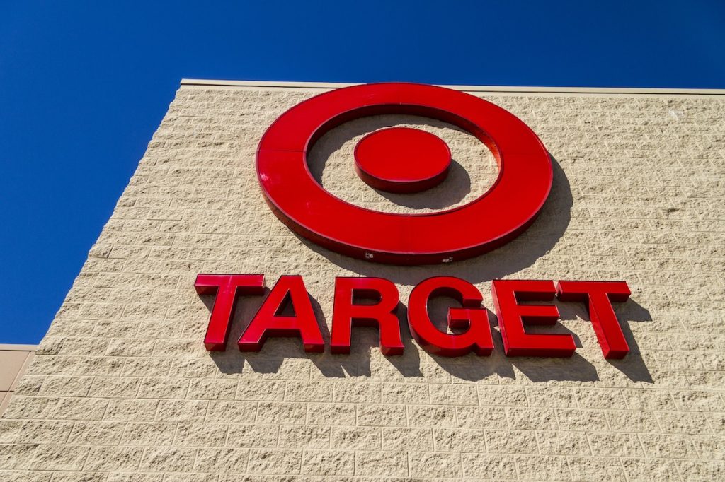 Close up of a Target bullseye and store name on a store front.
