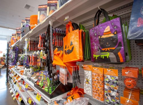 Halloween holiday decor on the shelves at a grocery store