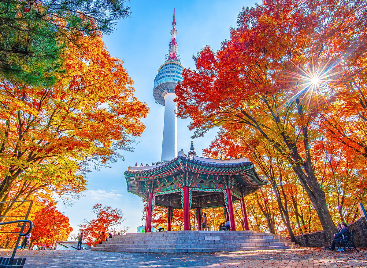 Namsan Tower and pavilion during the autumn leaves in Seoul, South Korea.