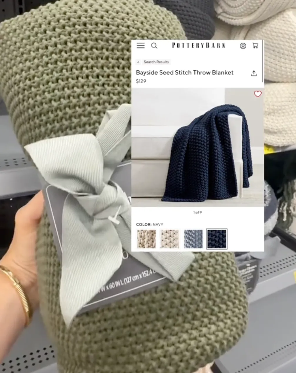 person holding up knit blanket at Walmart