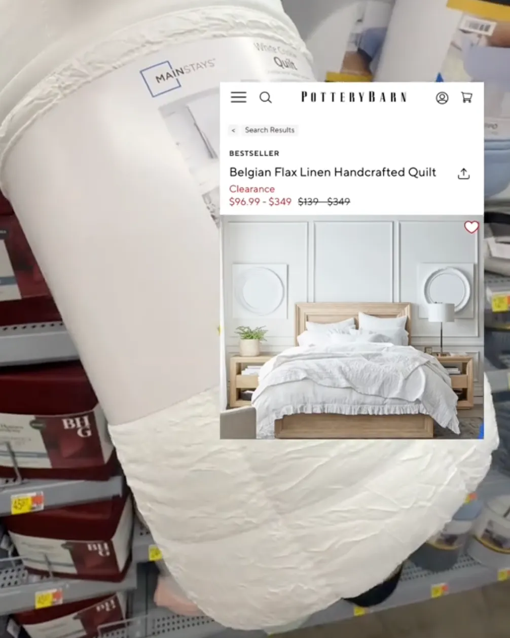 person holding up quilt at Walmart